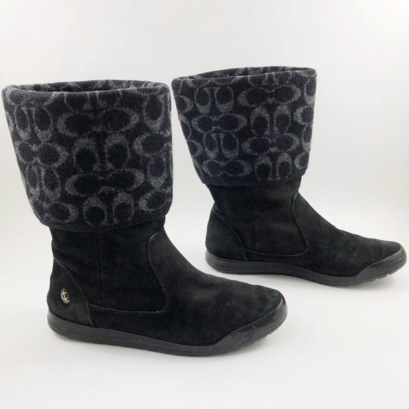 COACH Tatum Black Suede & Wool Foldover Signature Logo Mid-Calf Boots 8M - Picture 2 of 13